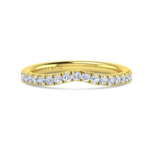 Gabriel & Co. WB12835O4Y44JJ 14 karat yellow gold Contemporary wedding band, front view of round diamonds following a soft V shaped dip at the middle of the top edge