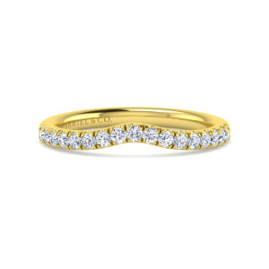 Gabriel & Co. WB12835P4Y44JJ 14 karat yellow gold Contemporary wedding band, front view of the rounded V-shaped dip with round diamonds following its edge