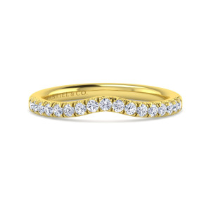 Gabriel & Co. WB12835R4Y44JJ 14 karat yellow gold Contemporary wedding band, front view of the inward bowed row of round diamonds above a smooth polished lower edge