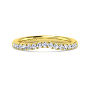 Gabriel & Co. WB12835S4Y44JJ 14 karat yellow gold Contemporary wedding band, front view of a dipped stone line with round diamonds rising toward both ends