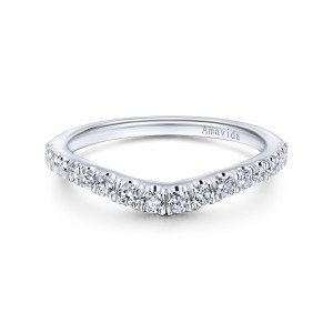 Gabriel & Co. WB12895E6PT3JJ platinum Contemporary wedding band, front view of the soft V shaped dip along a row of round diamonds