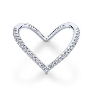 Gabriel & Co. WB13666R6W44JJ 14 karat white gold Contemporary wedding band, top view of a heart shaped outline with the stone row tracing the point of the V