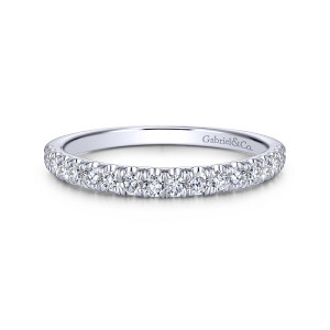 Gabriel & Co. WB14076P6W44JJ 14 karat white gold Contemporary wedding band, front view of the row of round diamonds with scalloped prongs and a polished maker's mark inside
