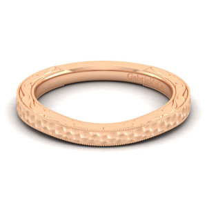 Gabriel & Co. WB14156K4JJJ 14 karat rose gold Contemporary wedding band, front view of the dimpled hammered top with beaded edges and scrolls on the side