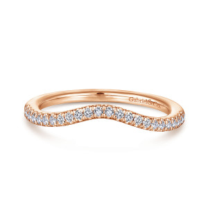 Gabriel & Co. WB14411R4K44JJ 14 karat rose gold Contemporary wedding band, front view of a soft dipping curve lined with tiny round stones that rise toward both ends