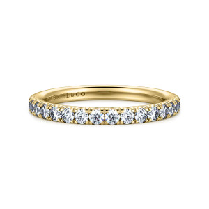 Gabriel & Co. WB14450R4VY44JJ 14 karat yellow gold Contemporary wedding band, front view of a straight band with a continuous row of round diamonds held in slender prongs