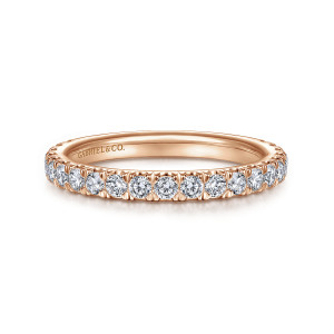 Gabriel & Co. WB14649O8K44JJ 14 karat rose gold Classic wedding band, front view of a single row of round diamonds set in scalloped prongs along the top