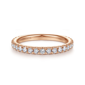 Gabriel & Co. WB14649R4K44JJ 14 karat rose gold Classic wedding band, front view of a single row of round diamonds along the top with a maker's mark inside