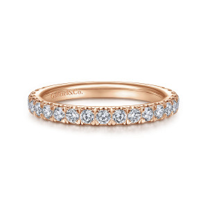 Gabriel & Co. WB14649R8K44JJ 14 karat rose gold Classic wedding band, front view of a single row of round diamonds with a maker's mark inside