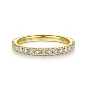 Gabriel & Co. WB14649S4Y44JJ 14 karat yellow gold Classic wedding band, front view of a straight hoop with a row of round diamonds and small shared prongs