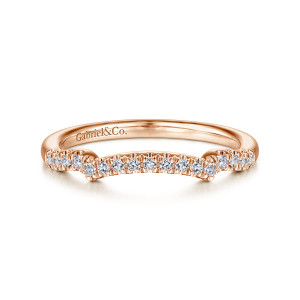 Gabriel & Co. WB14662R2K44JJ 14 karat rose gold Petite wedding band, front view of the scooped center arch of diamonds with small shoulders stepping down on both sides