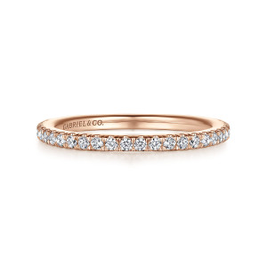 Gabriel & Co. WB14719O8K44JJ 14 karat rose gold Contemporary wedding band, front view of a fine row of tiny round diamonds tightly gripped by shared prongs