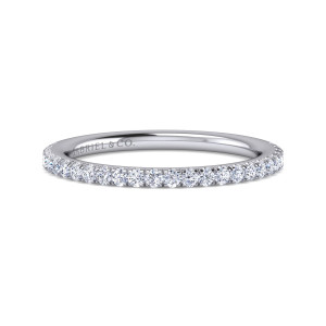 Gabriel & Co. WB14719R3W44JJ 14 karat white gold Classic wedding band, front view of a single row of small round stones between fine prongs