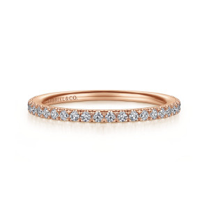 Gabriel & Co. WB14719R4K44JJ 14 karat rose gold Contemporary wedding band, front view of a close row of tiny round diamonds with a maker's mark inside