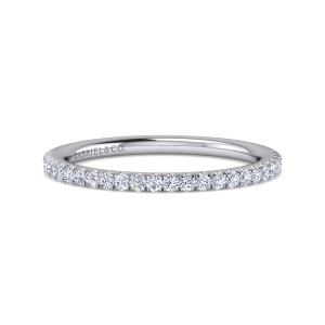 Gabriel & Co. WB14719R8W44JJ 14 karat white gold Contemporary wedding band, front view of very small diamonds packed in a tight, even line above the polished inner wall