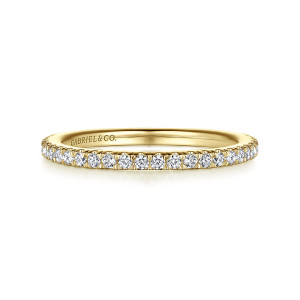 Gabriel & Co. WB14719R8Y44JJ 14 karat yellow gold Contemporary wedding band, front view of tiny round diamonds packed closely together with a maker's mark on the inside