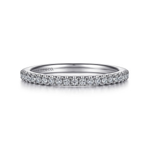 Gabriel & Co. WB14725C4W44JJ 14 karat white gold Classic wedding band, front view of a straight band with a fine even row of tiny round stones