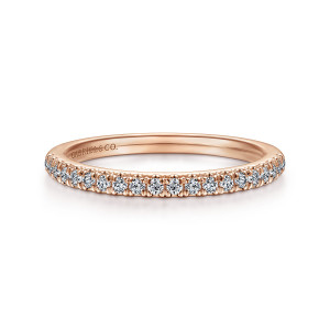 Gabriel & Co. WB14725O4K44JJ 14 karat rose gold Classic wedding band, front view of the straight rounded hoop with a row of round diamonds and tiny prongs