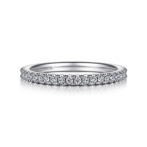 Gabriel & Co. WB14725O8W44JJ 14 karat white gold Classic wedding band, front view of the straight band with a row of diamonds held in small prongs