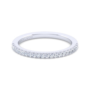 Gabriel & Co. WB14725Q4W44JJ 14 karat white gold Classic wedding band, front view of a straight hoop with round diamonds held by scalloped prongs and a maker's mark inside