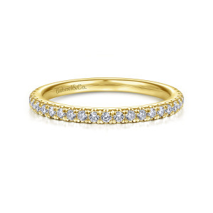 Gabriel & Co. WB14745R4Y44JJ 14 karat yellow gold Contemporary wedding band, front view of the straight row of small round diamonds with a maker's mark inside the band