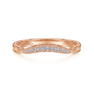 Gabriel & Co. WB14768R3K44JJ 14 karat rose gold Victorian wedding band, front view of a smooth dip in the band with a row of small stones between beaded borders