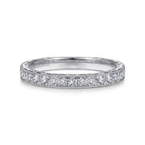 Gabriel & Co. WB14770R4W44JJ 14 karat white gold Victorian wedding band, front view of a straight strip of round diamonds between two beaded edges