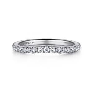Gabriel & Co. WB14794C4W44JJ 14 karat white gold Contemporary wedding band, front view of a shallow dip in the row of round diamonds along the top edge