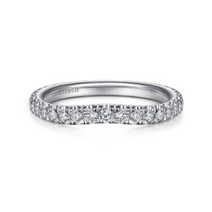 Gabriel & Co. WB14794R8W44JJ 14 karat white gold Contemporary wedding band, front view of the single row of round diamonds with a slight dip at its middle