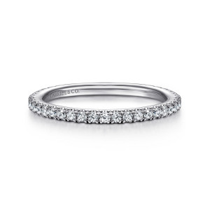Gabriel & Co. WB14914E6W44JJ 14 karat white gold Contemporary wedding band, front view of the small round diamonds set into the polished rounded hoop