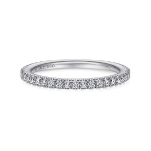 Gabriel & Co. WB14914R3W44JJ 14 karat white gold Contemporary wedding band, front view of tiny round diamonds in fine prongs along the outer edge