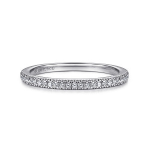 Gabriel & Co. WB14916P2W44JJ 14 karat white gold Classic wedding band, front view of very small round diamonds in a tight line along a straight hoop