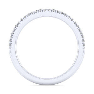 Gabriel & Co. WB14916R3W44JJ 14 karat white gold Classic wedding band, through finger view showing tiny stones wrapping both sides above a smooth unset base
