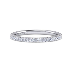 Gabriel & Co. WB14918C4W44JJ 14 karat white gold Contemporary wedding band, front view of a single row of tiny round stones with bead like prong tips