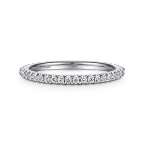 Gabriel & Co. WB14918C8W44JJ 14 karat white gold Contemporary wedding band, front view of an even row of very small diamonds with a maker's mark inside the band