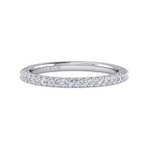 Gabriel & Co. WB14918E8W44JJ 14 karat white gold Contemporary wedding band, front view of tiny round diamonds held by shared round tipped prongs along one row