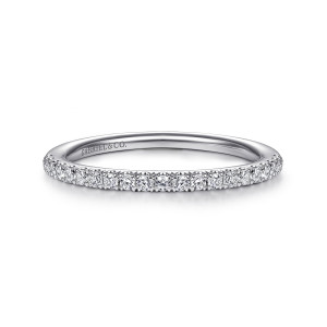 Gabriel & Co. WB14987R8W83JJ 18 karat white gold Contemporary wedding band, front view of a straight line of small round diamonds with a maker's mark inside