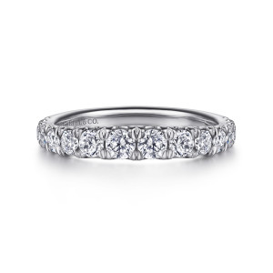 Gabriel & Co. WB14998R8W44JJ 14 karat white gold Contemporary wedding band, front view of a row of round diamonds largest at the middle