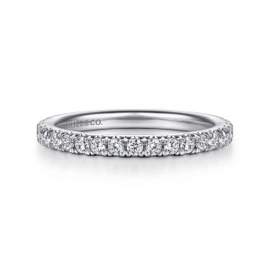 Gabriel & Co. WB15006O8W44JJ 14 karat white gold Contemporary wedding band, front view of a straight hoop with a single even row of round diamonds and scooped prongs