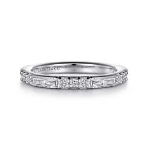 Gabriel & Co. WB15204S12W44JJ 14 karat white gold Art Deco wedding band, front view of paired baguette stones in milgrain frames between small round stone groups