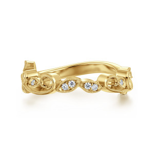 Gabriel & Co. WB15207O8Y44JJ 14 karat yellow gold Floral Nouveau wedding band, front view of leaf shaped pods holding paired stones between beaded scrolls along a wavy top