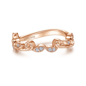 Gabriel & Co. WB15207R4K44JJ 14 karat rose gold Floral Nouveau wedding band, front view of curling scrolls and leaf shapes with paired stones along a wavy top