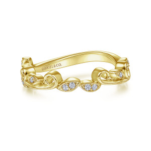 Gabriel & Co. WB15207R4Y44JJ 14 karat yellow gold Floral Nouveau wedding band, front view of paired stones inside leaf shapes between curled tendrils
