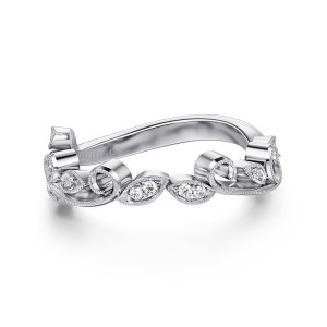 Gabriel & Co. WB15207R6W44JJ 14 karat white gold Floral Nouveau wedding band, top view of leaf frames holding small diamonds between open curling scrolls