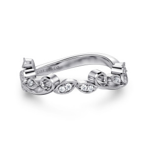 Gabriel & Co. WB15207R8W44JJ 14 karat white gold Floral Nouveau wedding band, top view of leaf shapes holding paired stones between curled scrolls with beaded edging