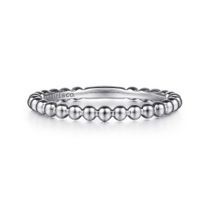 Gabriel & Co. WB15532R4W4JJJ 14 karat white gold Bujukan wedding band, front view of round polished beads joined in a scalloped ring with a flat bar inside