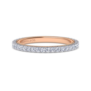 Gabriel & Co. WB15681R6T44JJ 14 karat white and rose gold Contemporary wedding band, front view of a band with round diamonds on the face and a milgrain edged lining behind