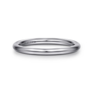 Gabriel & Co. WB15739R10W4JJJ 14 karat white gold Classic wedding band, front view of a smooth domed band with a maker's mark on the inside wall