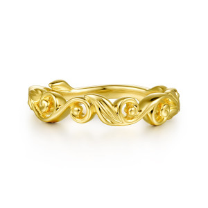 Gabriel & Co. WB15781R4Y4JJJ 14 karat yellow gold Floral Nouveau wedding band, front view of curling spirals with small balls in each eye joined by a ribbed leaf