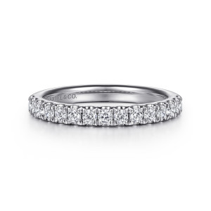 Gabriel & Co. WB15819O12W44JJ 14 karat white gold Classic wedding band, front view of a straight hoop with small round diamonds set evenly along its top edge